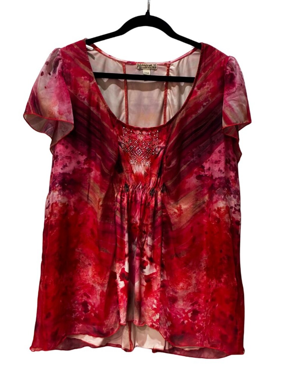 Energe Fuschia Artsy Watercolor Rhinestone Flutter Sleeve Boho Blouse 1X Y2K